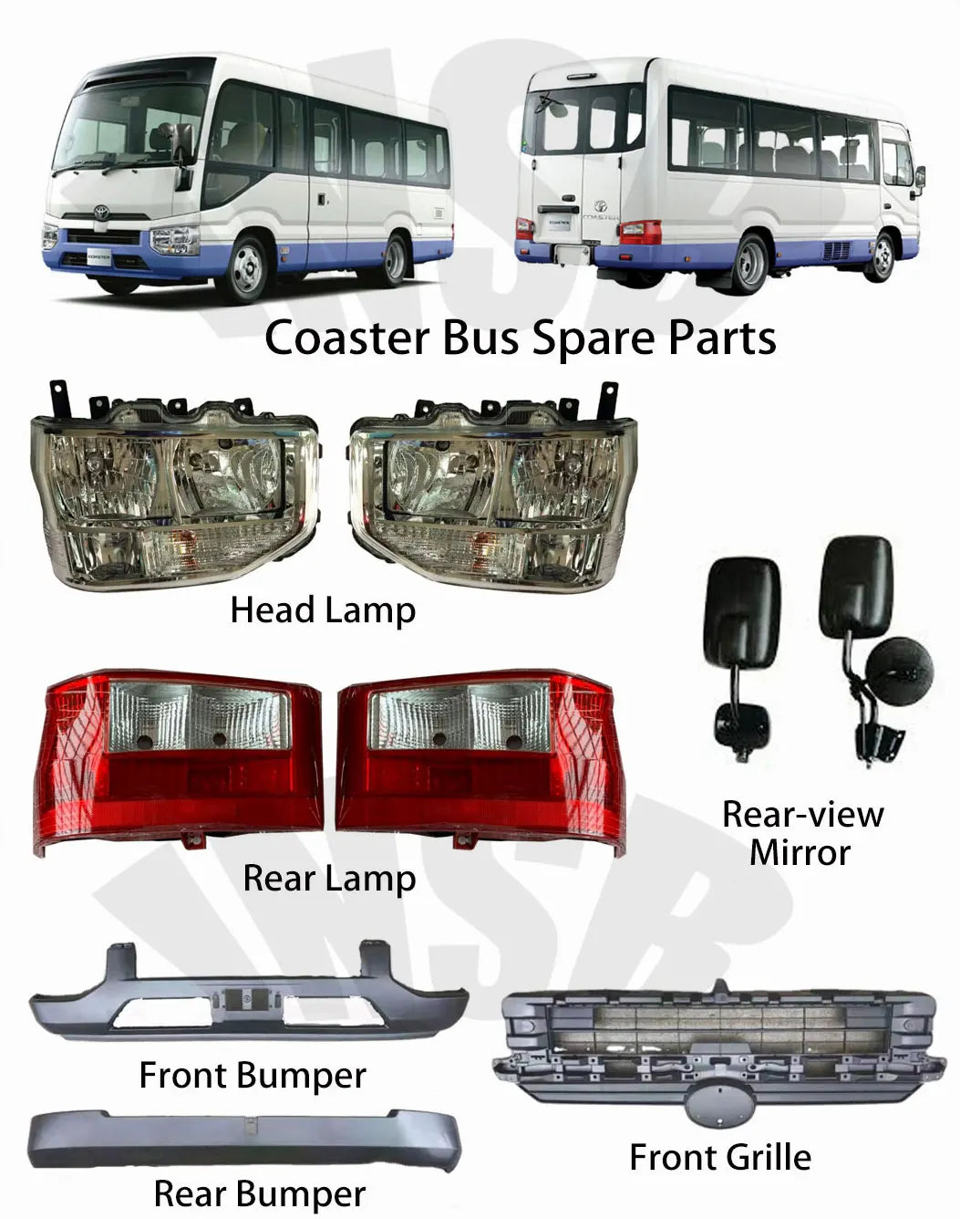 Coaster Bus Spare Parts Headlamp Rear Lamp Front Bumper Grille Rearview Mirror for coaster