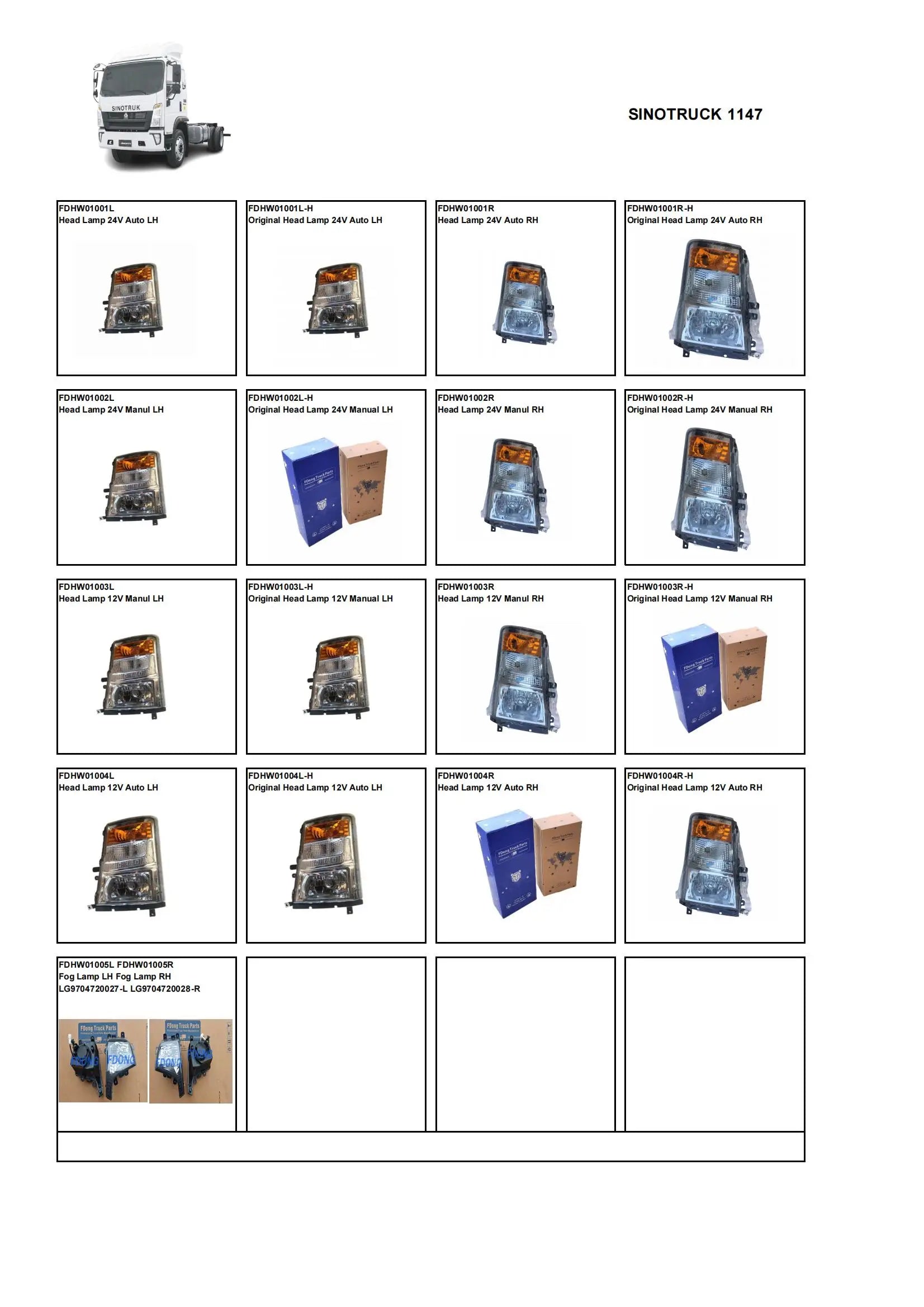 Original Head Lamp 12V Manual RH for SINOTRUCK 1147 TRUCK Spare Parts