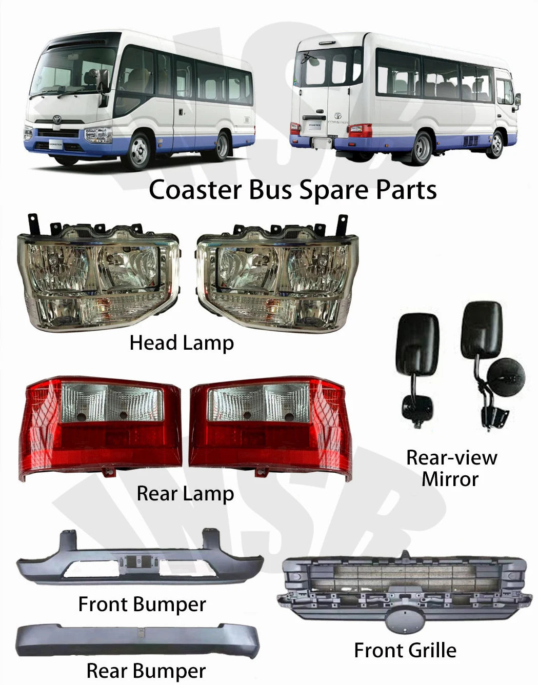Coaster Bus Spare Parts Headlamp Tail Lamp Fog Lamp Grille Bumper Rearview Mirror for Coaster Bus
