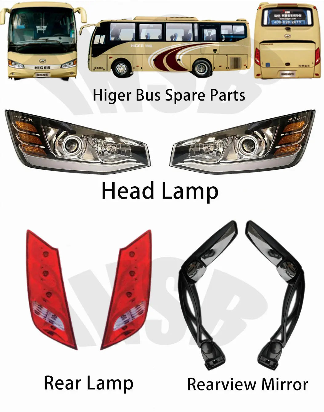 Higer Bus Spare Parts Head Lamp Rear Lamp Fog Lamp Rearview Mirror Bus Parts Chinese Brand Bus