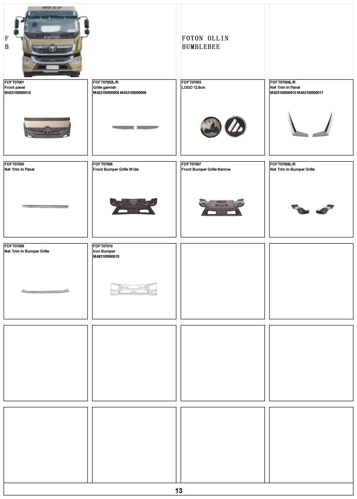 Front Bumper Grille Narrow for FOTON OLLIN BUMBLEBEE TRUCK Spare Parts